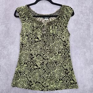 Perseption Concept Brown Green Floral Smock Sleeveless Paisley Swirl Top Small
